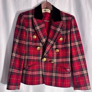 ELECTRE Sz M (estimated) Plaid Shoulder Pads Pleated Back Double Breast Blazer